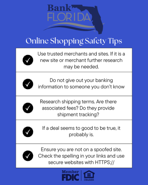 Bank Florida infographic checklist with information on online shopping safety tips
FDIC logo
